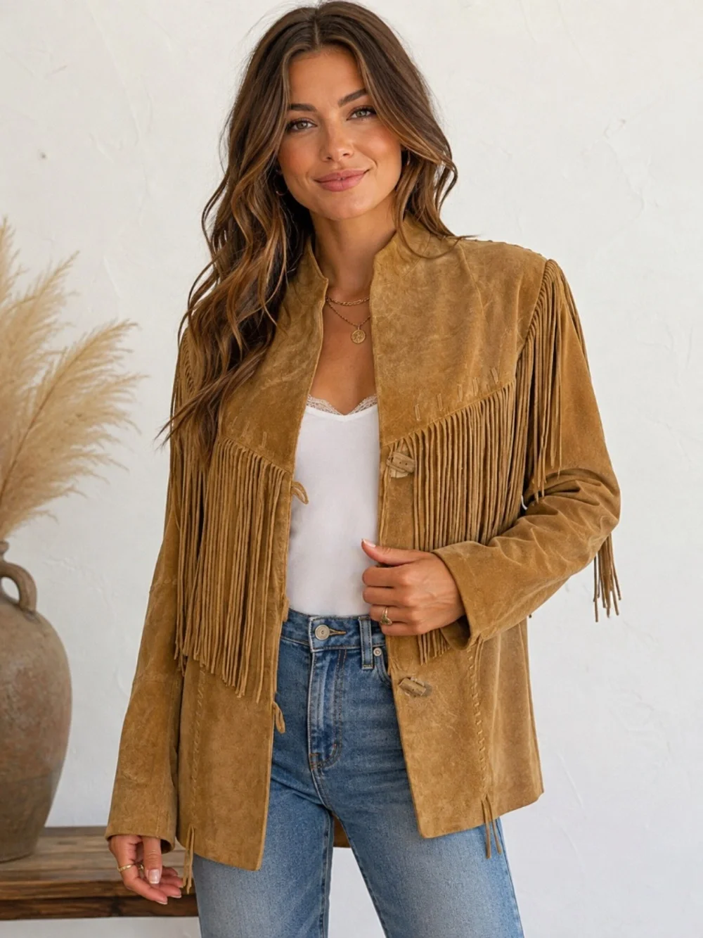 Scully Genuine Suede Leather Fringe Western Jacket Tan Camel Size L